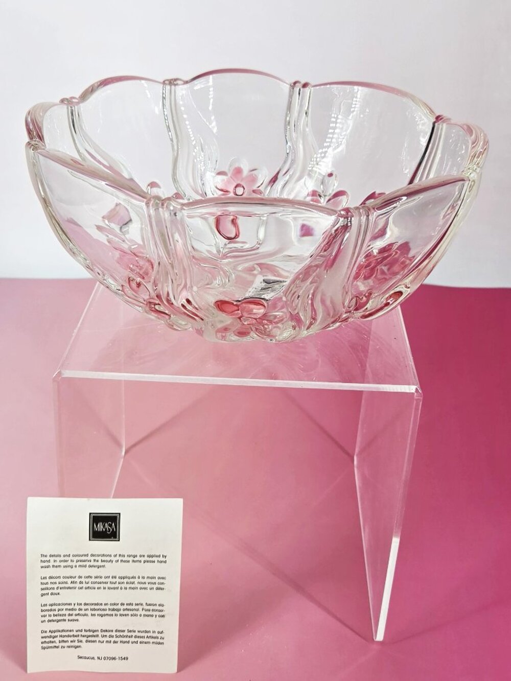 New Mikasa Crystal Floral Dance Pink Frost 8.5" Bowl & Original Box 4" T Germany